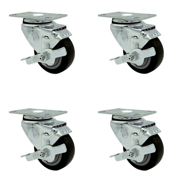 3.5 Inch Black Polyurethane Wheel Swivel Top Plate Caster Set with Brake SCC